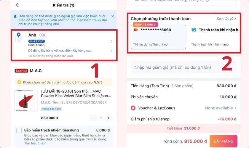 Kiểm tra lại th&ocirc;ng tin giao h&agrave;ng v&agrave; chọn Phương thức thanh to&aacute;n
